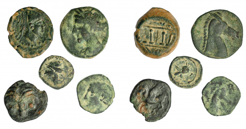 GRECIA ANTIGUA. Lote de 5 monedas de bronce de distintos valores: Malaka (1) y s...