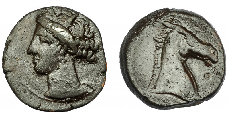 GRECIA ANTIGUA. ZEUGITANIA. Cartago. Calco (300-264 a.C.). A/ Cabeza de Tanit a ...