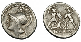 REPÚBLICA ROMANA. MINUCIA. Denario. Roma (103 a.C.). R/ Dos soldados combatiendo, entre ellos, uno caído. AR 3,78 g. 19,67 mm. CRAW-319.1. FFC-928. BC...