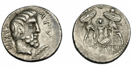 REPÚBLICA ROMANA. TITURIA. Denario. Roma (89 a.C.). A/ Cabeza del rey Tacio a der, delante palma y ley. A PV; detrás SABIN. AR 6,67 g. 18,35 mm. CRAW-...