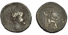 IMPERIO ROMANO. TIBERIO. Denario. Lugdunum (36-37). R/ Livia sentada a der., patas del trono adornadas. Ae 3,41 g. 18,28 mm. RIC-30. Golpe. Pátina gri...