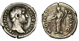 IMPERIO ROMANO. ADRIANO. Denario. Roma (136). R/ Moneta a izq., con balanza y cornucopia; MONETA AVG. AR 3,28 g. 18,28 mm. RIC-2224. MBC-/BC+.