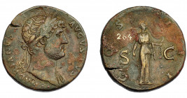 IMPERIO ROMANO. ADRIANO. Sestercio. R/ Diana a der., con arco y flechas, en ley. COS III SC. AE 25,82 g. 31,92 mm. RIC-738. MBC/MBC-. Pátina marrón. G...