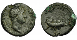 IMPERIO ROMANO. ADRIANO. As. R/ Barco a der., alrededor COS III SC. AE 12,22 g. 26,02 mm. RIC-821. MBC-.