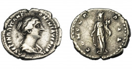 IMPERIO ROMANO. FAUSTINA LA MENOR (bajo Antonino Pío). Denario. Roma (145-147). R/ Concordia de frente con cornucopia; CONCORDIA. AR 3,56 g. 20,56 mm....