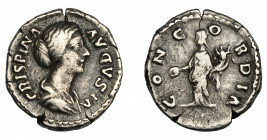 IMPERIO ROMANO. CRISPINA. Denario. Roma (178-182). R/ Concordia a izq. con pátera y cornucopia; CONCORDIA. AR 3,24 g. 19,28 mm. RIC-278. MBC-.