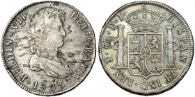 FERNANDO VII. 8 reales. 1823. Potosí. PJ. VI-1144. Manchas y hojita en el anv. MBC/EBC-.