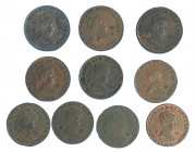 ISABEL II. Lote de 10 monedas de 2 maravedís de Segovia (1838-1850), 7 de ellas con RBO. De MBC- a SC.