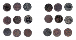 ISABEL II. Lote de 9 monedas de 8 maravedís. Jubia (1846, 1848 -2- y 1840), Segovia (1837, 1838 -2-, 1841 y 1848). DE BC+ a MBC-.