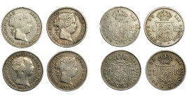 ISABEL II. Lote de 4 monedas de 1 real: Madrid (1857 y 1859); Sevilla (1852) y Barcelona (1860). De MBC- a MBC+.