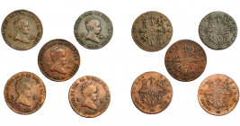 ISABEL II. Lote de 5 monedas de 2 maravedís de Segovia: 1838 (2), 1842, 1843 y 1847. De BC a MBC-.