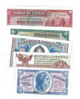BILLETES ESPAÑOLES. BANCO DE ESPAÑA. Lote de 5 billetes de la República.1935-1937.50 céntimos, 1, 2, 5 y 10 pesetas SC.
