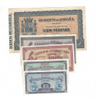 BILLETES ESPAÑOLES. BANCO DE ESPAÑA. Lote cinco billetes de Asturias y León. Sin firma. 25 céntimos, 40 céntimos, 1 peseta, 2 pesetas y 100 pesetas. B...