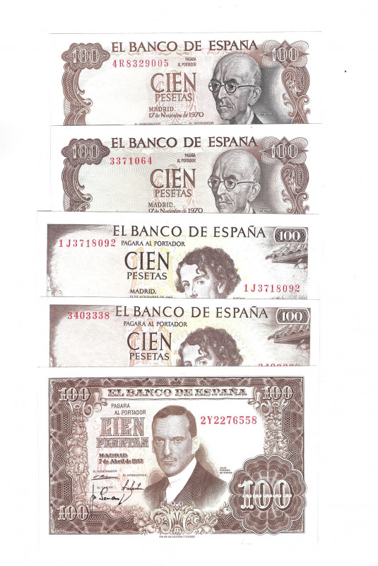 BILLETES ESPAÑOLES. BANCO DE ESPAÑA. Lote de 5 billetes de 100 ptas. 4-1953 Seri...