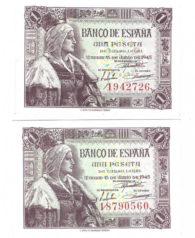 BILLETES ESPAÑOLES. BANCO DE ESPAÑA. Lote de 2 billetes de 1 Peseta. 6-1945. Sin...