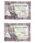 BILLETES ESPAÑOLES. BANCO DE ESPAÑA. Lote de 2 billetes de 1 Peseta. 6-1945. Sin serie y serie I. ED- D49 y 49a. SC