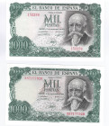 BILLETES ESPAÑOLES. BANCO DE ESPAÑA. Lote de dos billetes de 1000 Pesetas. 9-1971. Sin serie y serie 3S. ED- A75 y T5b. SC