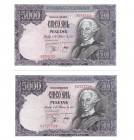 BILLETES ESPAÑOLES. BANCO DE ESPAÑA. Lote de dos billetes de 5000 Pesetas. 1976. Sin serie y serie N. ED- E1Y1a. SC.