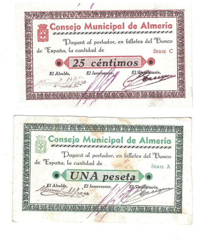 BILLETES LOCALES. Lote de 2 billetes. 25 céntimos y 1 peseta. Consejo Municipal ...