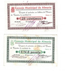 BILLETES LOCALES. Lote de 2 billetes. 25 céntimos y 1 peseta. Consejo Municipal de Almería. Sin firma. MG139 A y C. SC y SC con mucho óxido.
