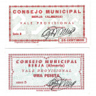 BILLETES LOCALES. Lote de 2 billetes. 25 céntimos y 1 peseta. Consejo Municipal de Berja. Sin firma. MG-326 A y C. EE. MBC+ a SC.