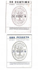 BILLETES LOCALES. Lote de 2 billetes. 50 céntimos y 1 peseta. Caldetenes. Sin firma. MG-404 A y B. EE.