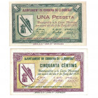 BILLETES LOCALES. Lote de 2 billetes. 50 céntimos y 1 peseta. Corbera de Llobregat. 6- 1937. mg- 547 A y B. E. EBC+.