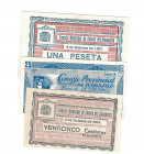BILLETES LOCALES. Lote de 3 billetes. 25 céntimos y 1 peseta. Consejo Municipal de Cuevas de Almanzora. Sin fecha ni firma. MG-507 B y D. Consejo Prov...