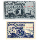 BILLETES LOCALES. Lote de 2 billetes. 50 céntimos y 1 peseta. Consejo Municipal de L´Escala. MG-605 A y B. EBC+.