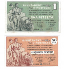 BILLETES LOCALES. Lote de 2 billetes. 50 céntimos y 1 peseta. Hostoles. MG-770 A y B. EBC+ a MBC.