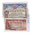 BILLETES LOCALES. Lote de 3 billetes. 25 céntimos, 50 céntimos y 1 peseta. Lleida. 6-1937. MG-849 A, B y C. MBC+ a EBC+.