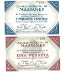 BILLETES LOCALES. Lote de 2 billetes. 50 céntimos y 1 peseta. Consejo Municipal de Massanes. 7-1937. MG-900 A y B. R. SC.