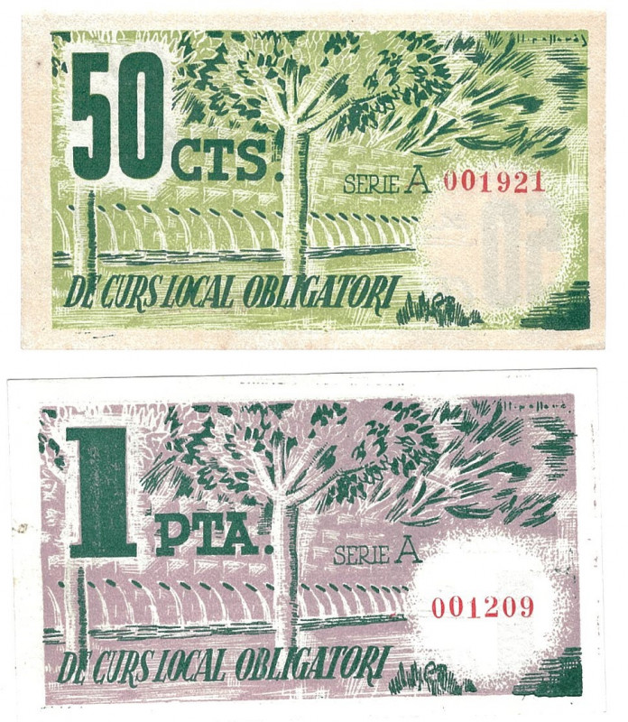 BILLETES LOCALES. Lote de 2 billetes. 50 céntimos y 1 peseta.Torelles de Foix. M...