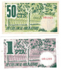 BILLETES LOCALES. Lote de 2 billetes. 50 céntimos y 1 peseta.Torelles de Foix. MG-1458 C y D. EBC+ a SC