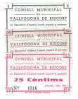 BILLETES LOCALES. Lote de 3 billetes. 25 céntimos, 50 céntimos y 1 peseta. Vallfogona de Ruicorp. 7-1937. MG-1530 A, B y C. SC