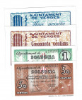 BILLETES LOCALES. Lote de 4 billetes. 50 céntimos y 1 peseta. Veges y Solsona. Sin firma. 1937. MG-1548 C y D. MG- 1379 F y G. EBC+ a SC