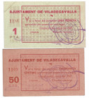 BILLETES LOCALES. Lote dos billetes Viladecavalls. 5-1937. 50 céntimos y 1 peseta. Sin firma. M-G 1557 A y B. EBC+. SC.
