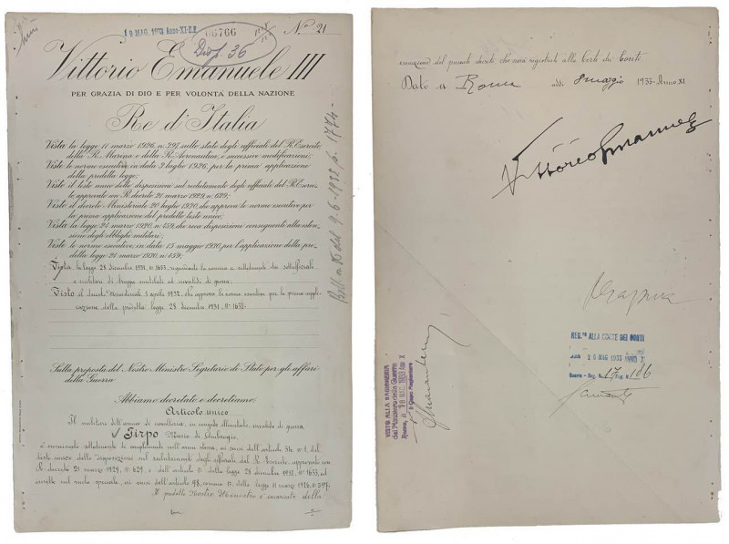 Regno d'Italia - Vittorio Emanuele III (1900-1943) - Decreto con firma, per la n...