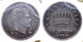 Napoleone I Re d'Italia (1805-1814) 5 Soldi (25 Centesimi) 1813 - Zecca di Milano - Ag - Gig. 195
FDC

 Shipping only in Italy