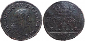 Regno di Napoli - "Ferdinando IV di Borbone (1759-1816) 10 Tornesi 1798 - Gig. 113 - Cu-gr. 5.04 - completamente ossidata - Periziata Cavaliere "
qBB...