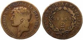 Regno di Napoli, poi delle Due Sicilie - Napoleonidi - Gioacchino Napoleone Murat (1808-1815) 2 Grana 1810 - Gig. 6 - Cu-gr. 11.82
MB+/qBB

 Shippi...