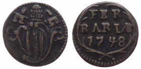 Stato Pontificio - Ferrara - Benedetto XIV (Prospero Lorenzo Lambertini) 1740-1758 1 Quattrino 1748 con stemma ovale - Munt. 410 - Cu - gr. 1,81
qBB...