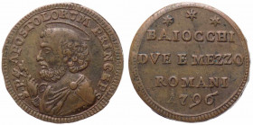 Stato Pontificio - Roma - Pio VI (Giovanni Angelo Braschi) 1775-1799 Due Baiocchi e mezzo o Sampietrino busto di S. Pietro 1796 - Munt. 99 - Cu - gr.1...
