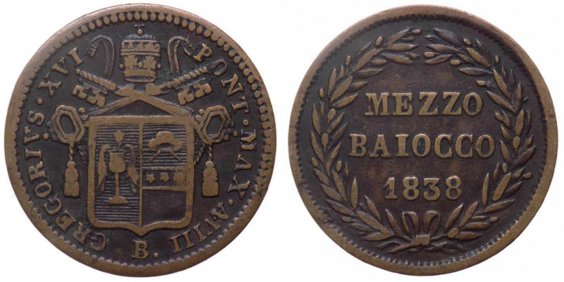 Stato Pontificio - Gregorio XVI (1831-1846) Mezzo Baiocco 1838 anno VIII del II°...