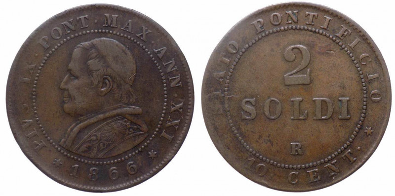 Stato Pontificio - Pio IX (1846-1878) 2 Soldi 1867 anno XXI - Cu - gr. 10,14 Gig...