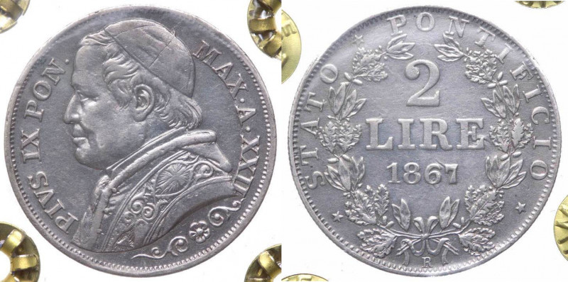 Stato Pontificio - Pio IX (1846-1878) 2 Lire 1867 anno XXII del II° Tipo, busto ...