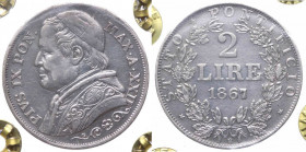 Stato Pontificio - Pio IX (1846-1878) 2 Lire 1867 anno XXII del II° Tipo, busto grande - Ag - Gig. 287
BB+

 Shipping only in Italy