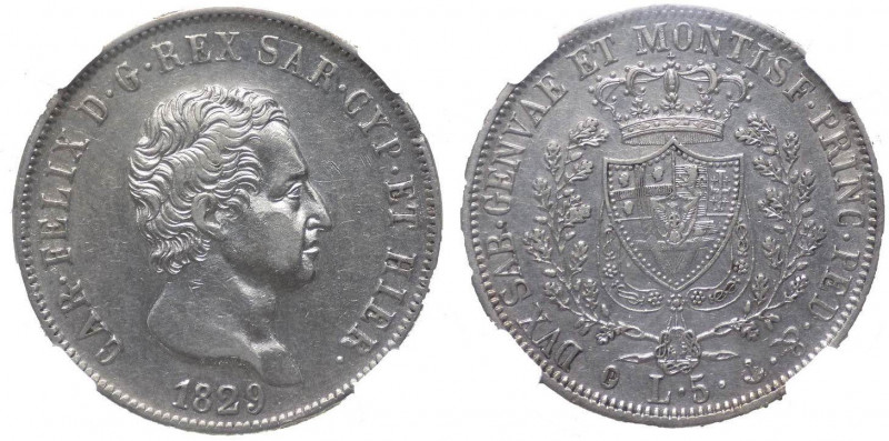 Carlo Felice (1821-1831) 5 Lire 1829 - Zecca di Genova - Ag - Gig. 49 - in Slab ...