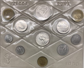 Monetazione in Lire (1946-2001) serie 1980 - composta da 10 valori e una medaglia (Ag) - L 500 (Ag) - L 200 "FAO Montessori" (Ba) - L 200 (Ba) - L 100...