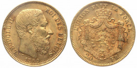 Belgio - Leopoldo II (1865-1909) 20 Franchi 1869 - Au - KM# 37
n.a.

 Shipping only in Italy